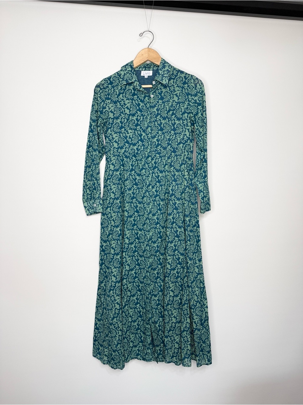 Livro Teal Floral Long-Sleeve Cotton Shirt Dress XS